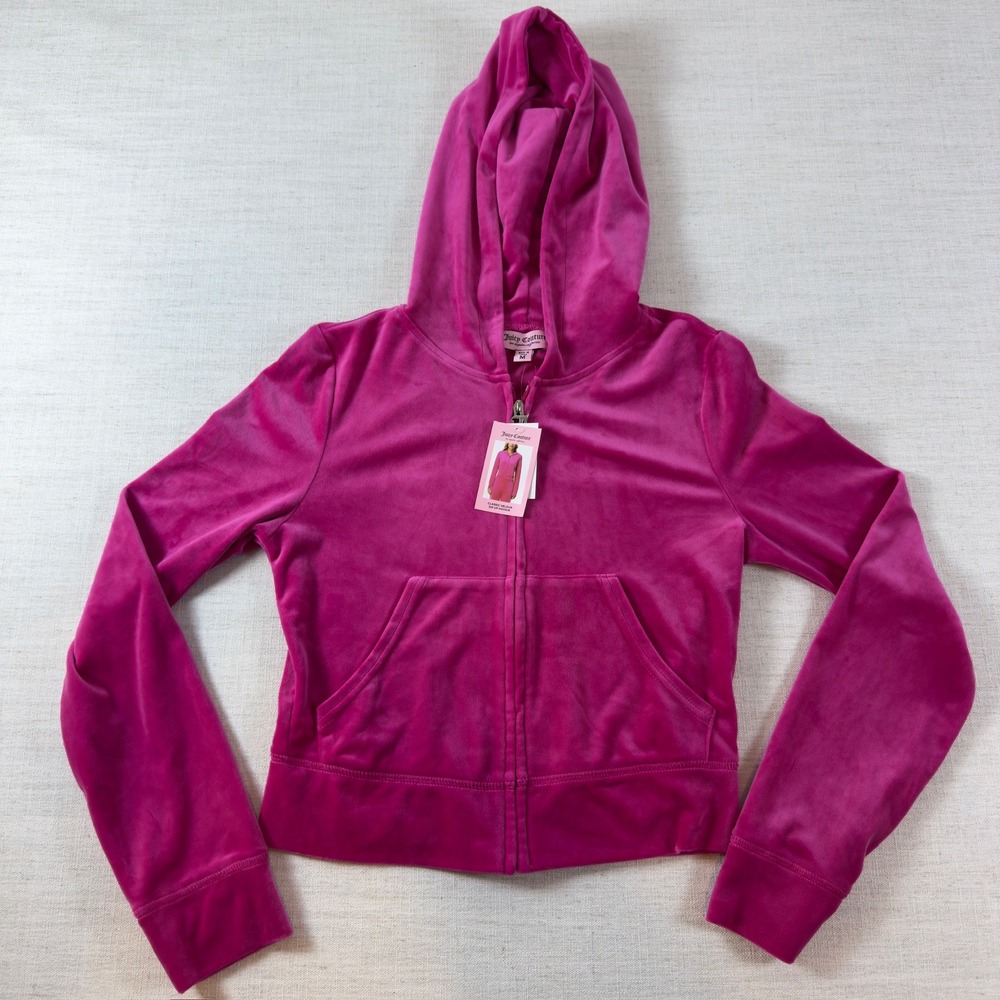 NWT Juicy Couture Womens Classic Velour Zip Hoodie Pink Rhinestone Logo Medium